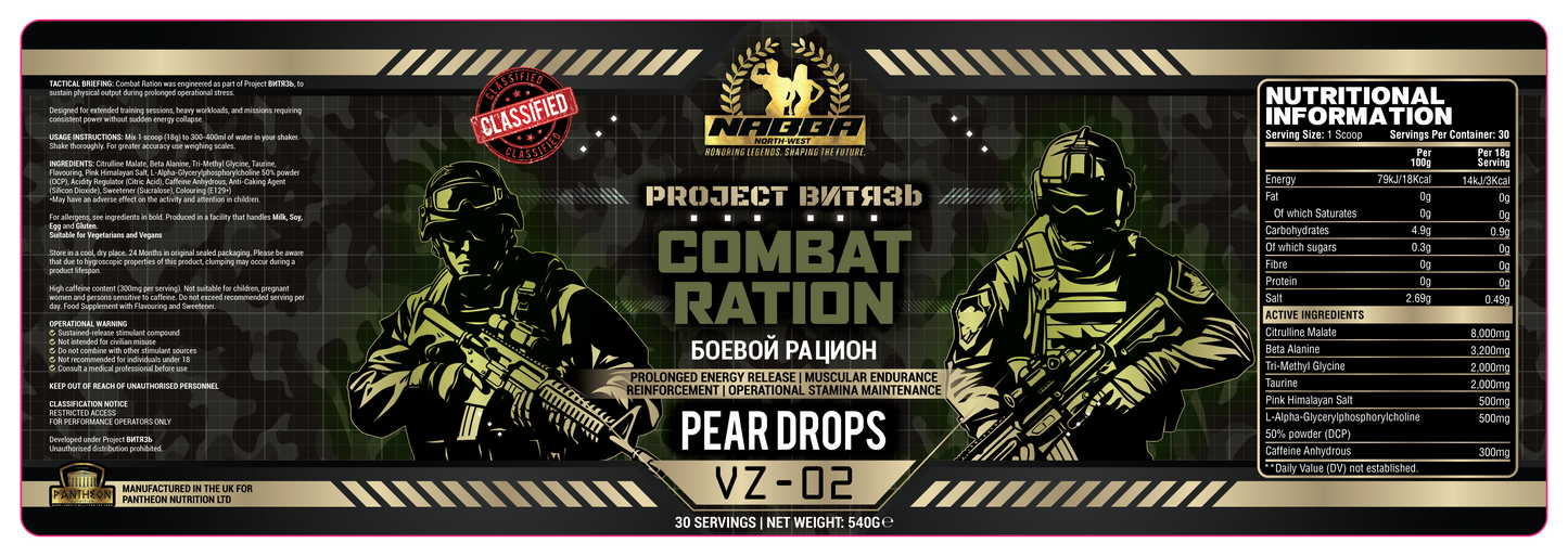NABBA North West Pre Workout and Hydration -Project BNTR3b - Combat Ration - Pear Drops